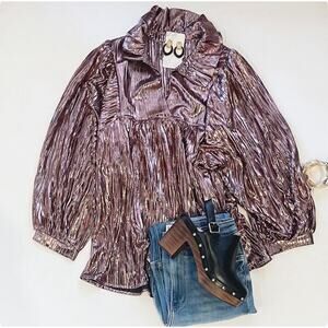 Hausen Oversized Boho Metallic Morgan Ruffle Collar Disco Tunic Top M NWT $98